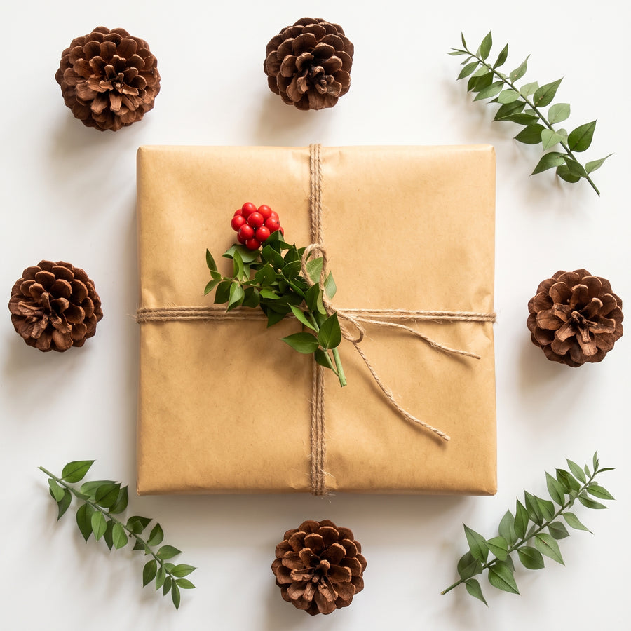 A hand embroidery kit wrapped in kraft paper and tied with twine, with holly berries, foliage and pine cones