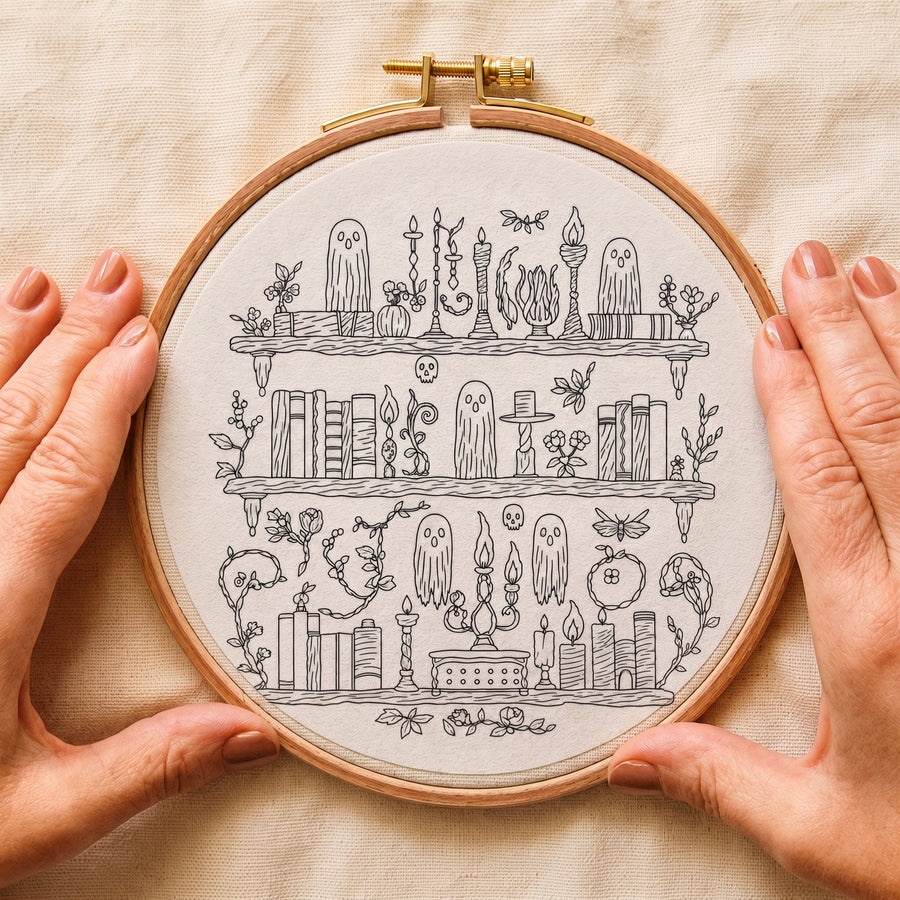 Hands holding a wooden embroidery hoop with a stick and stitch design sheet applied to the fabric