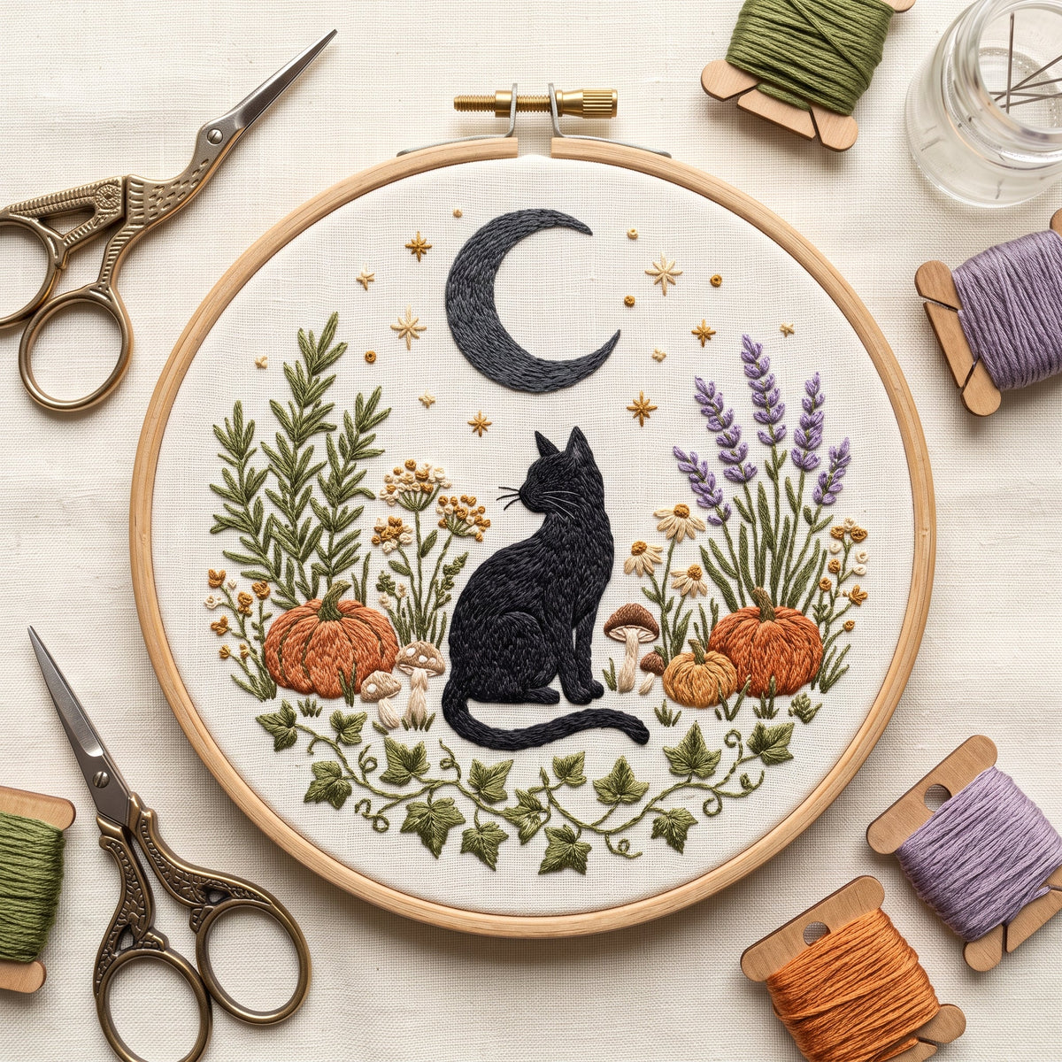 Black cat in a moonlit botanical garden hand embroidery design in a wooden hoop