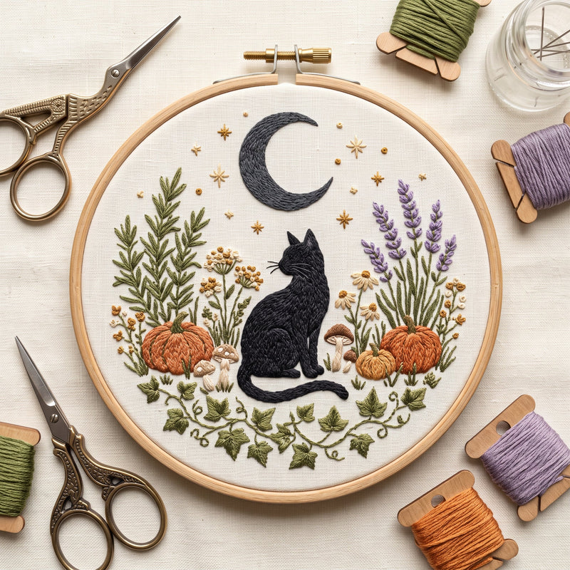 Black cat in a moonlit botanical garden hand embroidery design in a wooden hoop