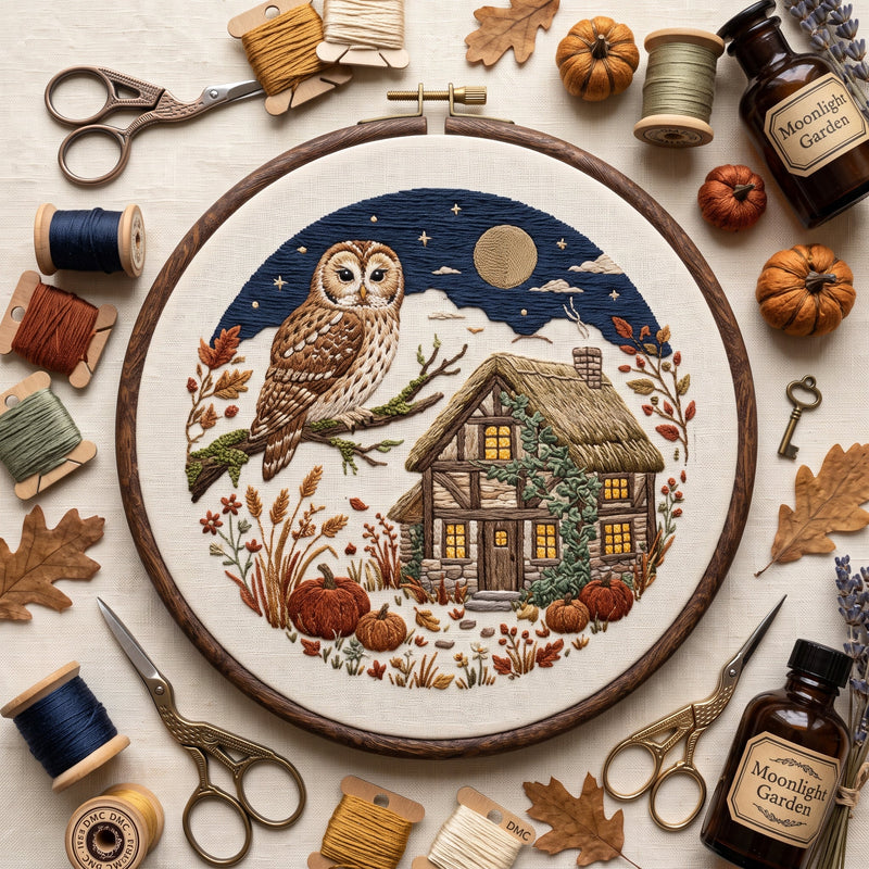 Autumn cottage and owl hand embroidery design in a wooden hoop