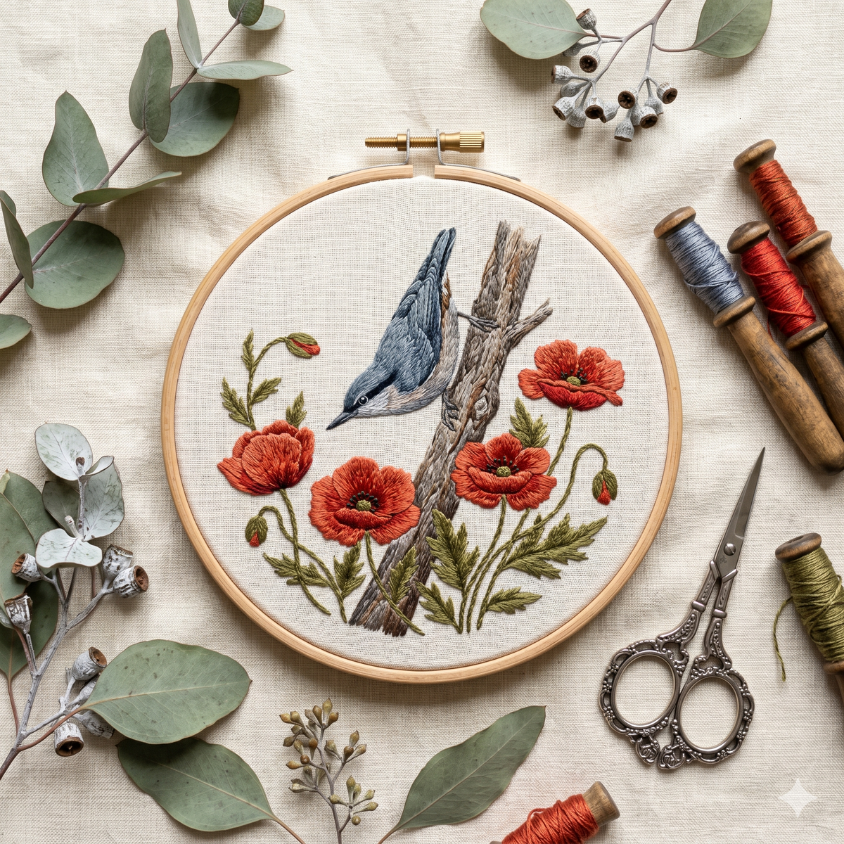 Nuthatch and red poppies hand embroidery design in a wooden hoop