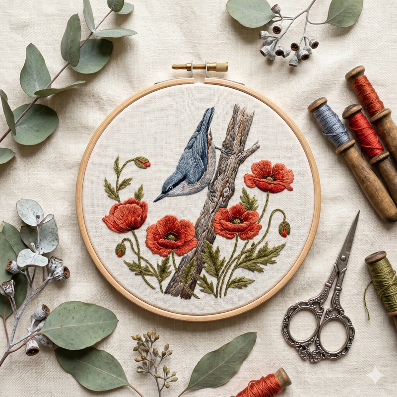 Nuthatch and red poppies hand embroidery design in a wooden hoop