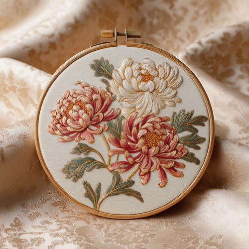 Full view of the Art Nouveau chrysanthemum embroidery hoop resting on cream-patterned fabric