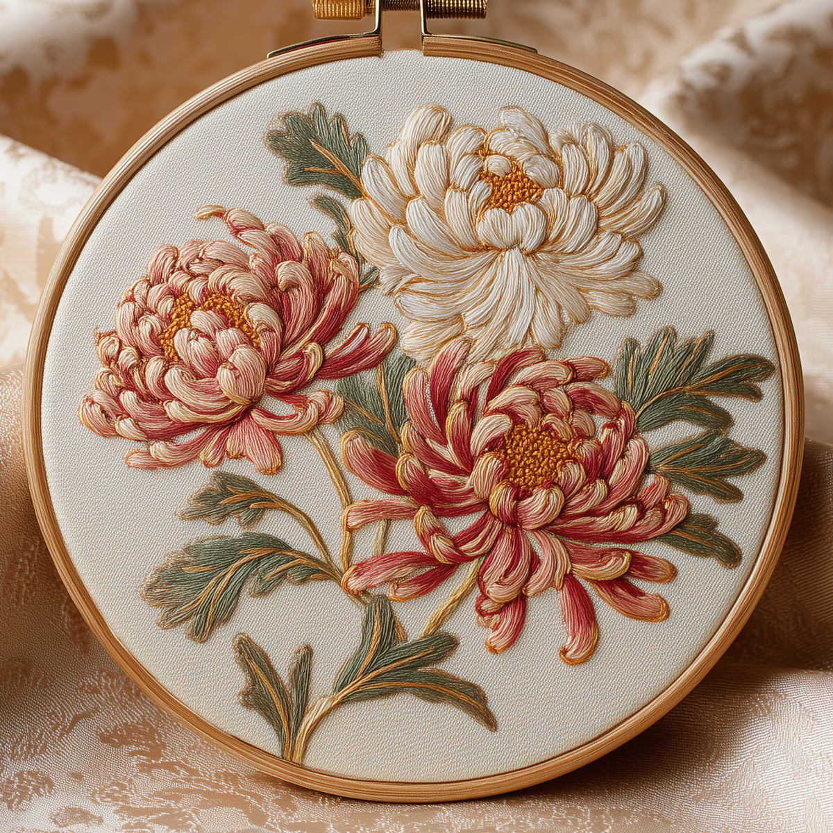 Cream, pink and warm red chrysanthemums with flowing green leaves in an Art Nouveau embroidery hoop