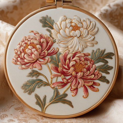 Cream, pink and warm red chrysanthemums with flowing green leaves in an Art Nouveau embroidery hoop