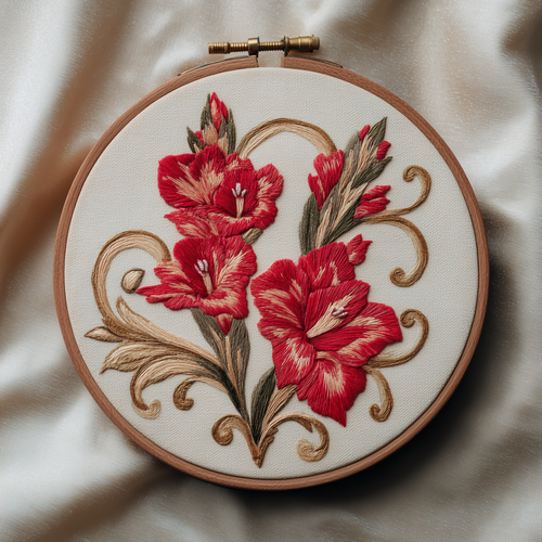 Full view of the Art Nouveau gladiolus embroidery hoop resting on softly folded ivory fabric