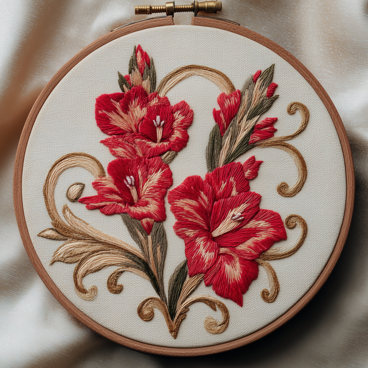 Red gladiolus flowers with cream petal accents and curling scrollwork in an Art Nouveau embroidery hoop