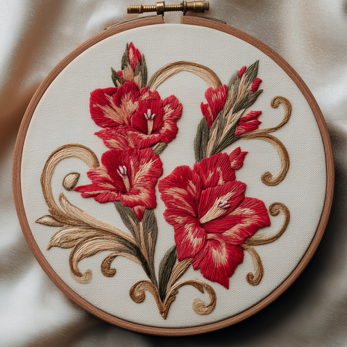 Red gladiolus flowers with cream petal accents and curling scrollwork in an Art Nouveau embroidery hoop