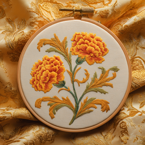 Full view of the Art Nouveau marigold embroidery hoop resting on gold-patterned fabric