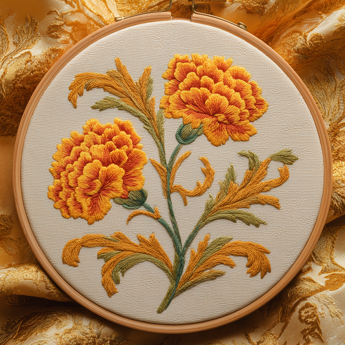 Orange marigolds with curling golden leaves in an Art Nouveau embroidery design, displayed in a wooden hoop