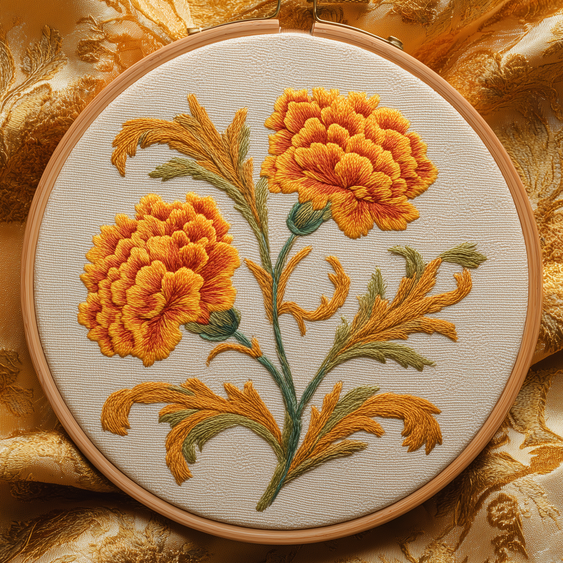 Orange marigolds with curling golden leaves in an Art Nouveau embroidery design, displayed in a wooden hoop