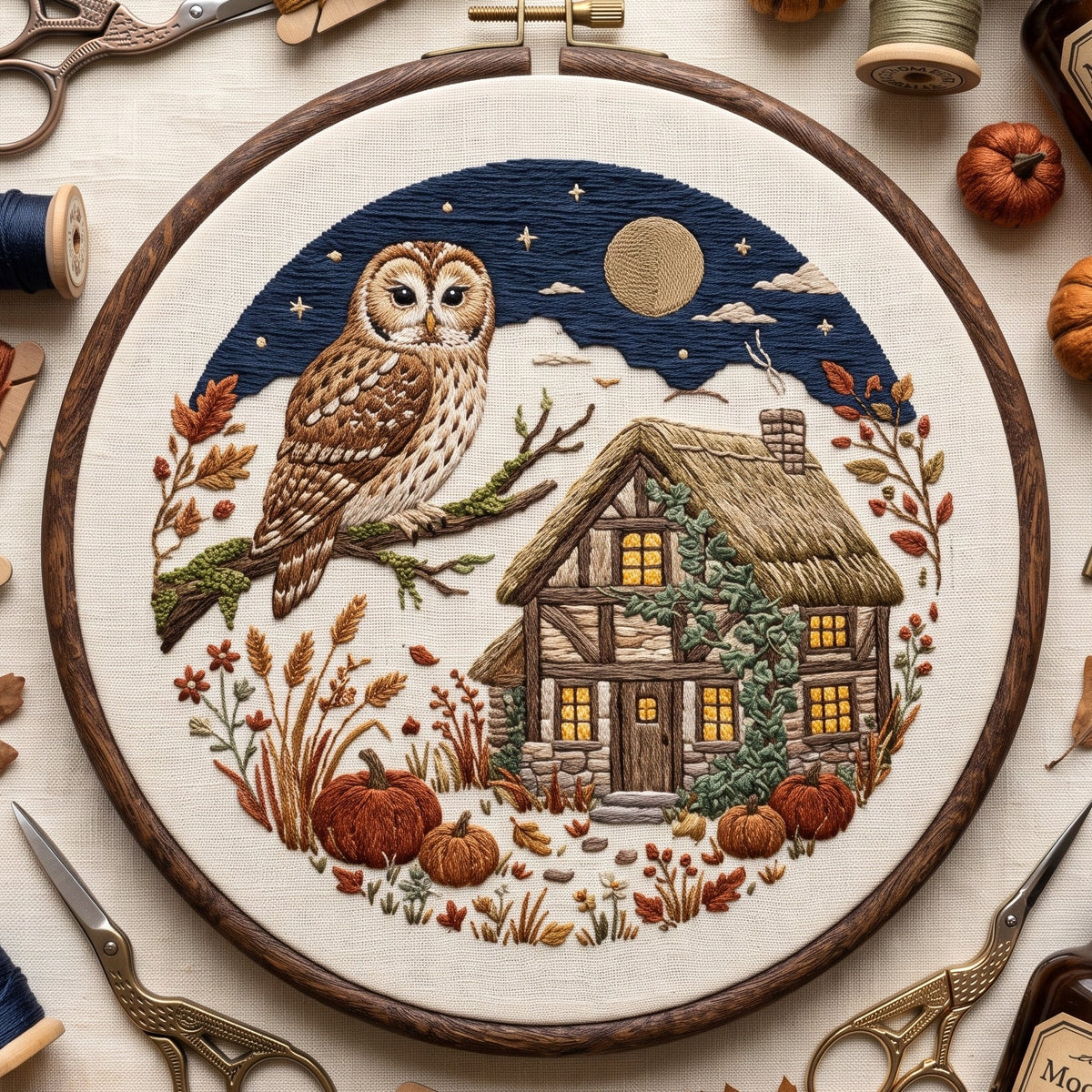 Autumn cottage and owl hand embroidery design in a wooden hoop