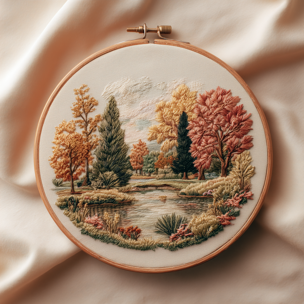 Autumn trees around a quiet lake in a wooden embroidery hoop, photographed in full on draped cream fabric