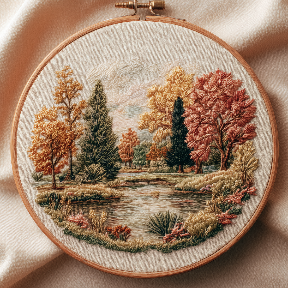 Autumn trees around a quiet lake, hand embroidery design in a wooden hoop