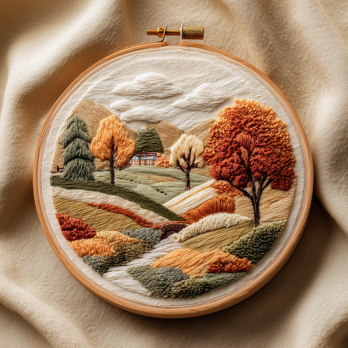 Autumn valley with russet trees, a winding stream and a farmhouse in a wooden embroidery hoop, photographed in full on draped cream fabric