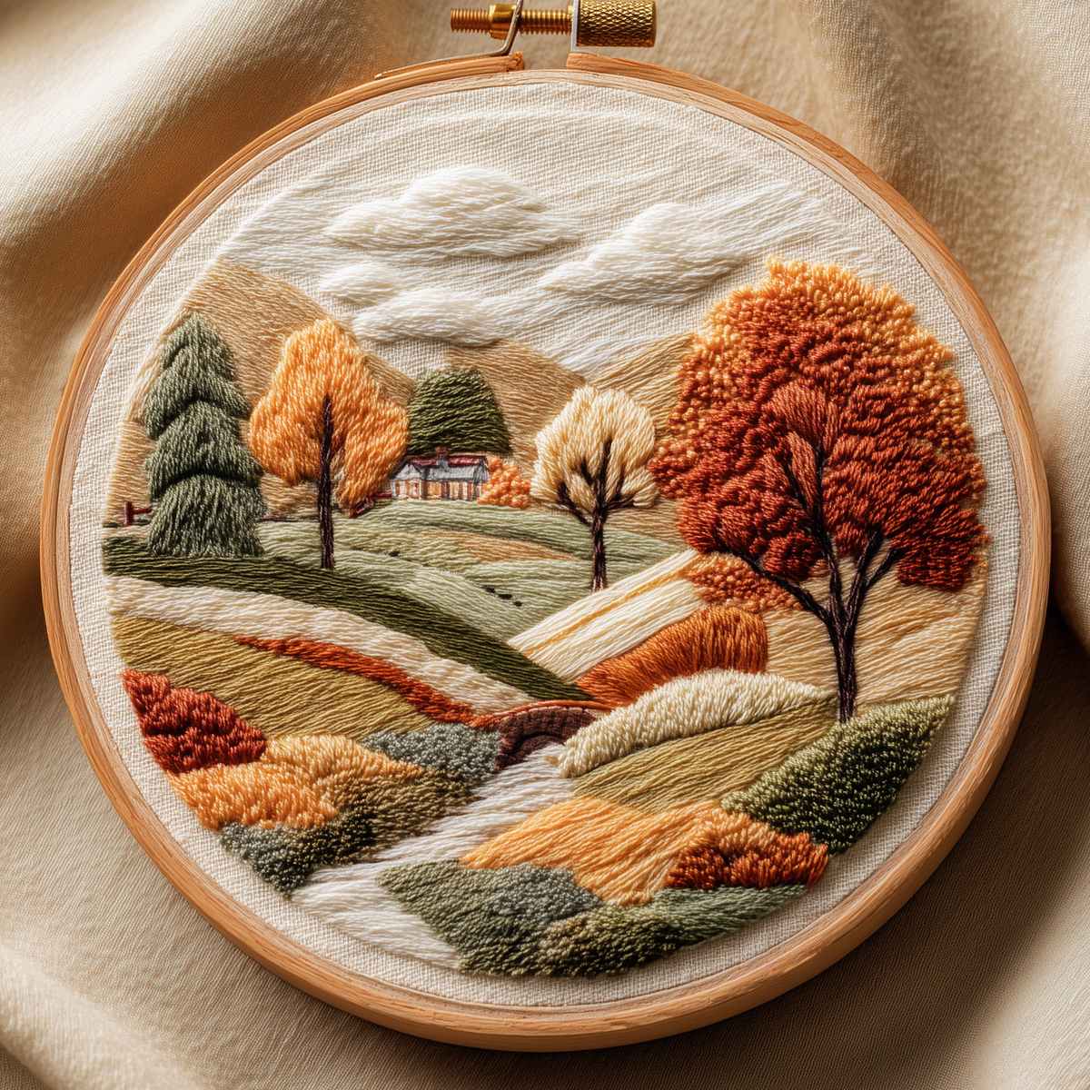 Autumn valley with russet trees, a winding stream and a farmhouse, hand embroidery design in a wooden hoop