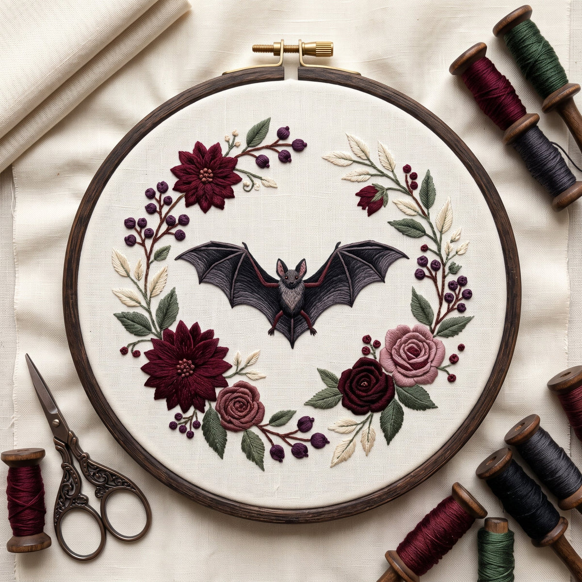 Bat in a burgundy rose and dahlia wreath, finished hand embroidery hoop photographed in full