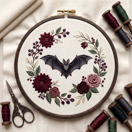 Bat in a burgundy rose and dahlia wreath, finished hand embroidery hoop photographed in full