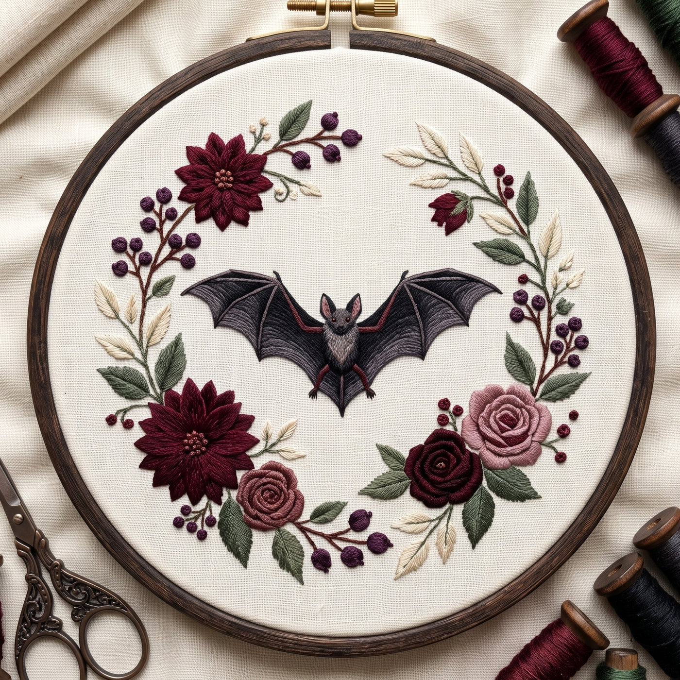 Bat in a burgundy rose and dahlia wreath, hand embroidery design in a wooden hoop