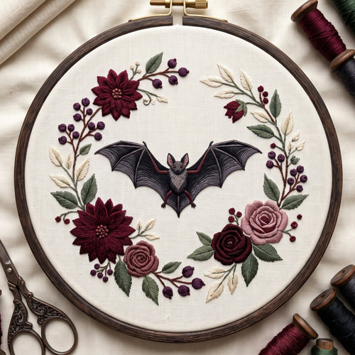 Bat in a burgundy rose and dahlia wreath, hand embroidery design in a wooden hoop