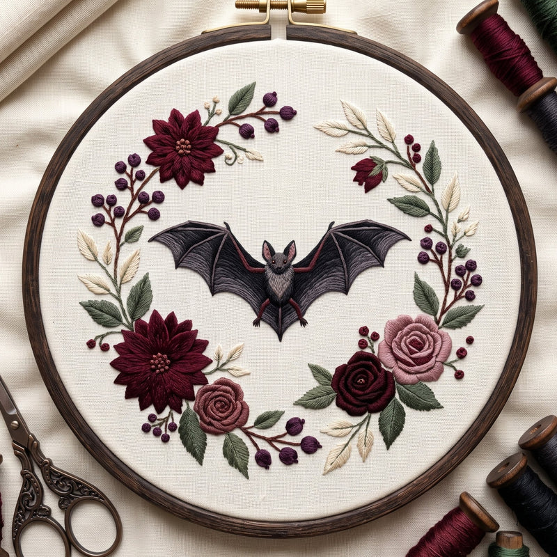 Bat in a burgundy rose and dahlia wreath, hand embroidery design in a wooden hoop