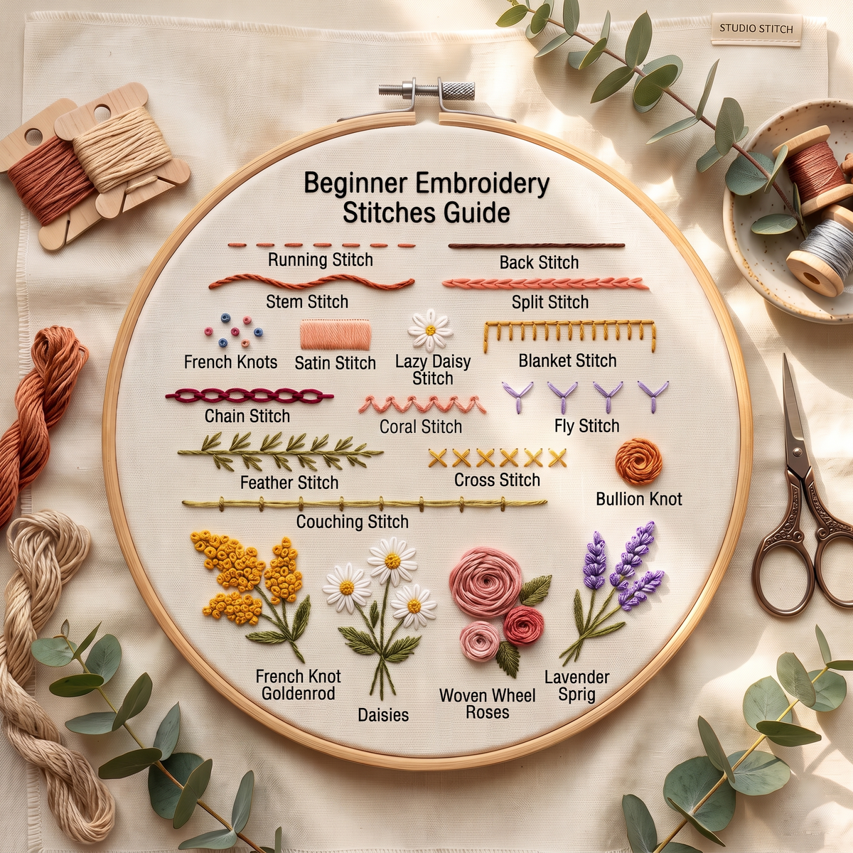 Beginner embroidery stitches guide sampler hoop photographed in full with thread, scissors and eucalyptus