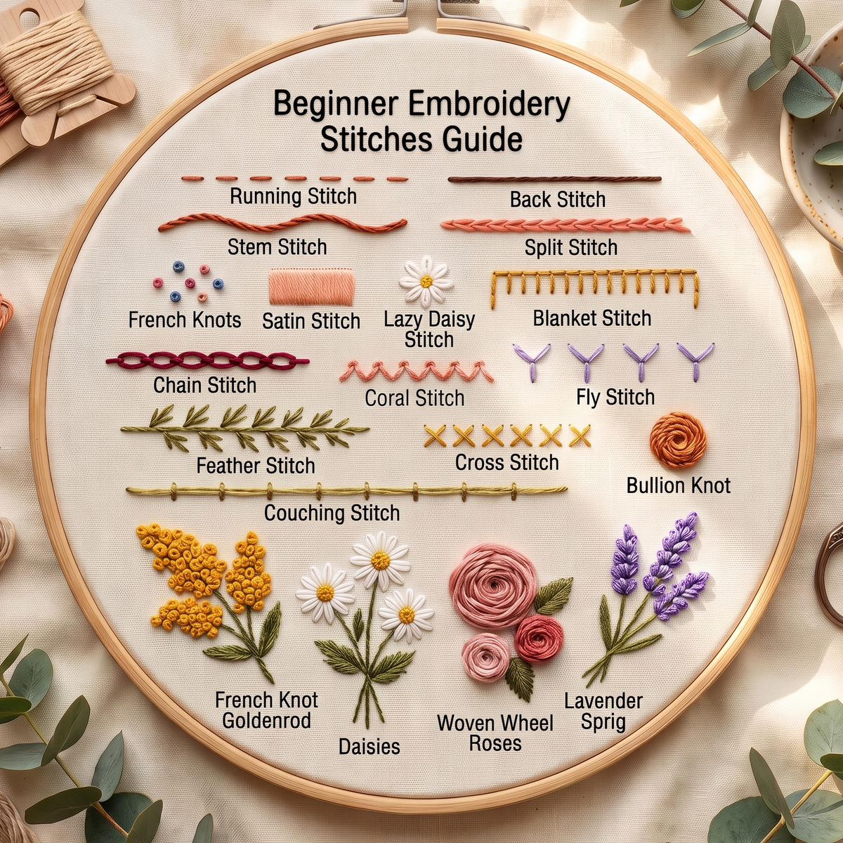 Beginner embroidery stitches guide sampler in a wooden hoop, with labeled stitches and small flower motifs
