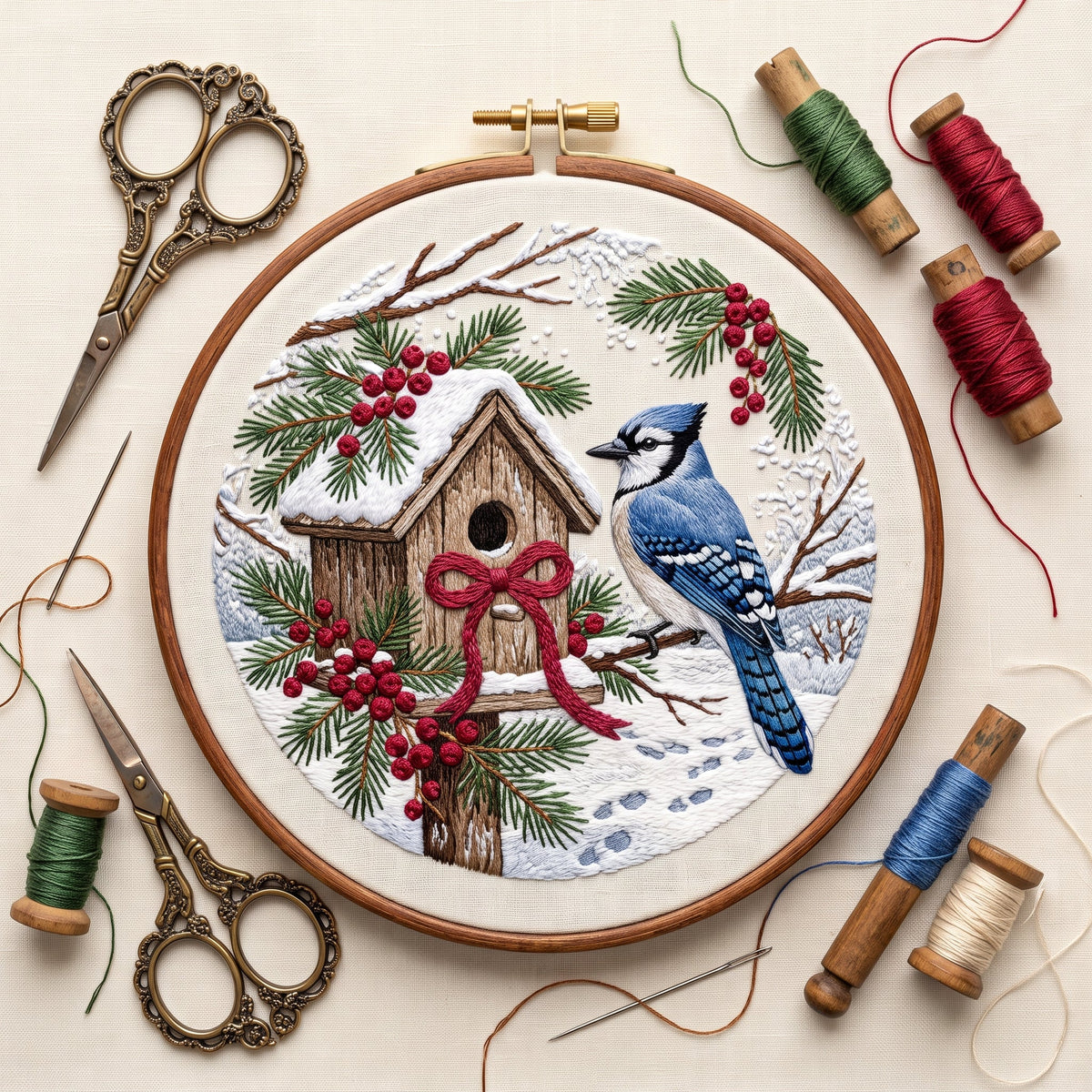 Blue jay beside a snowy birdhouse with a red bow, finished hand embroidery hoop photographed in full
