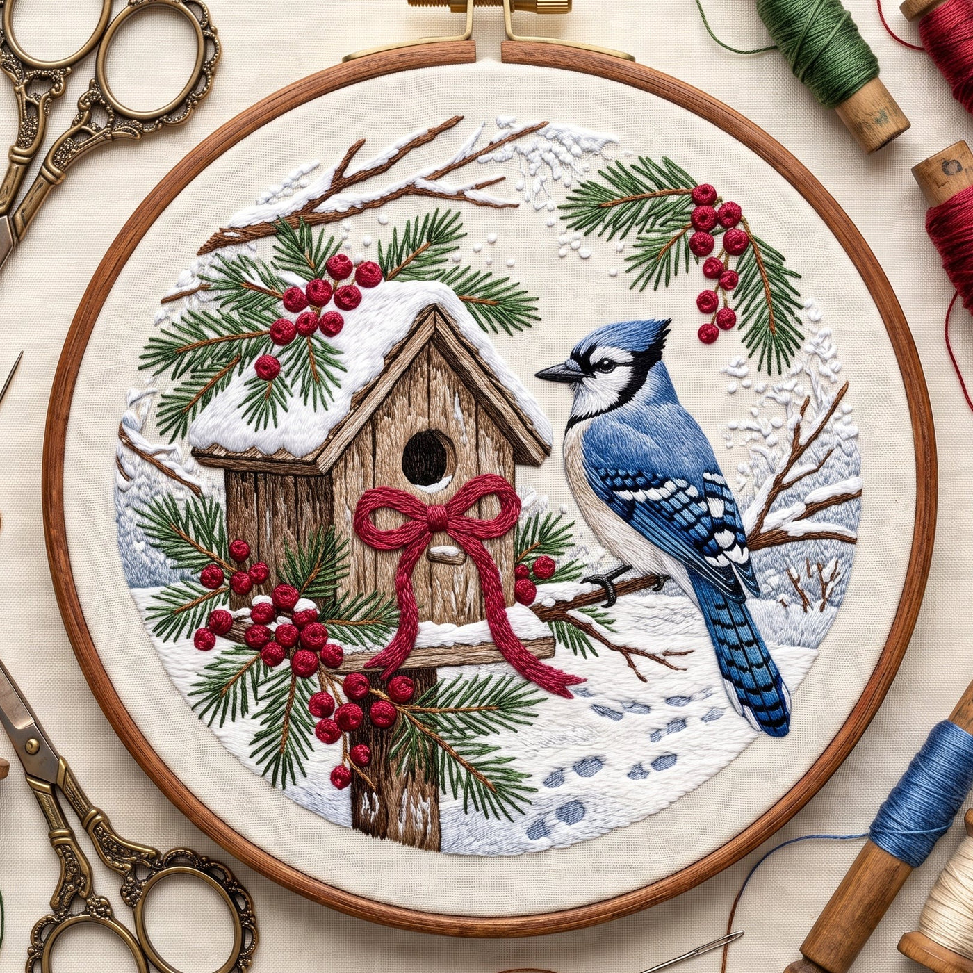 Blue jay beside a snowy birdhouse with a red bow, hand embroidery design in a wooden hoop