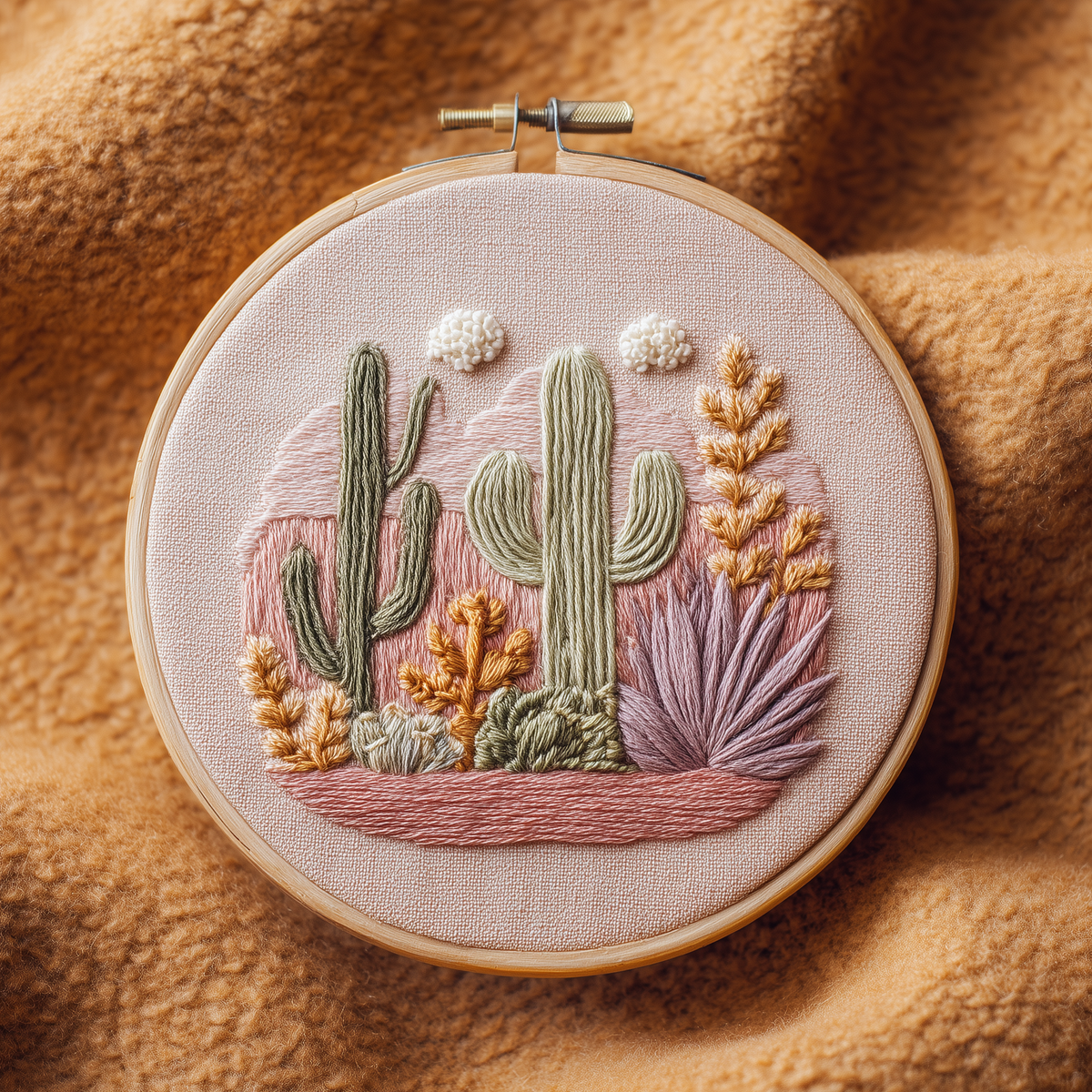Saguaro cacti, agave and desert plants against blush hills in a wooden embroidery hoop, photographed in full on soft ochre fleece