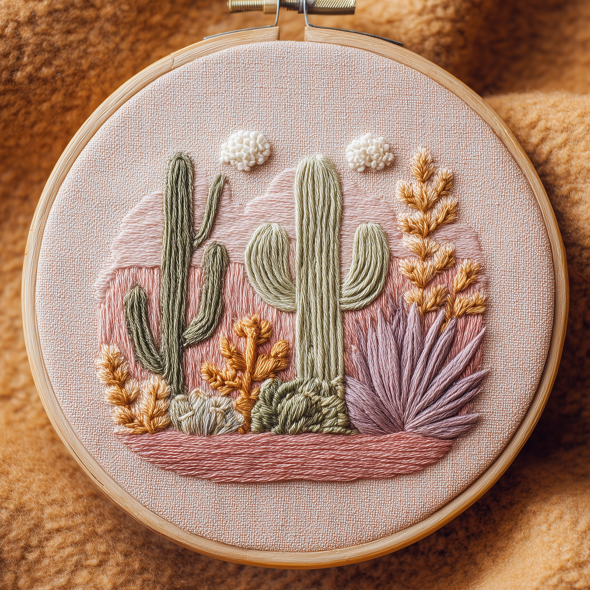 Saguaro cacti, agave and desert plants against blush hills, hand embroidery design in a wooden hoop