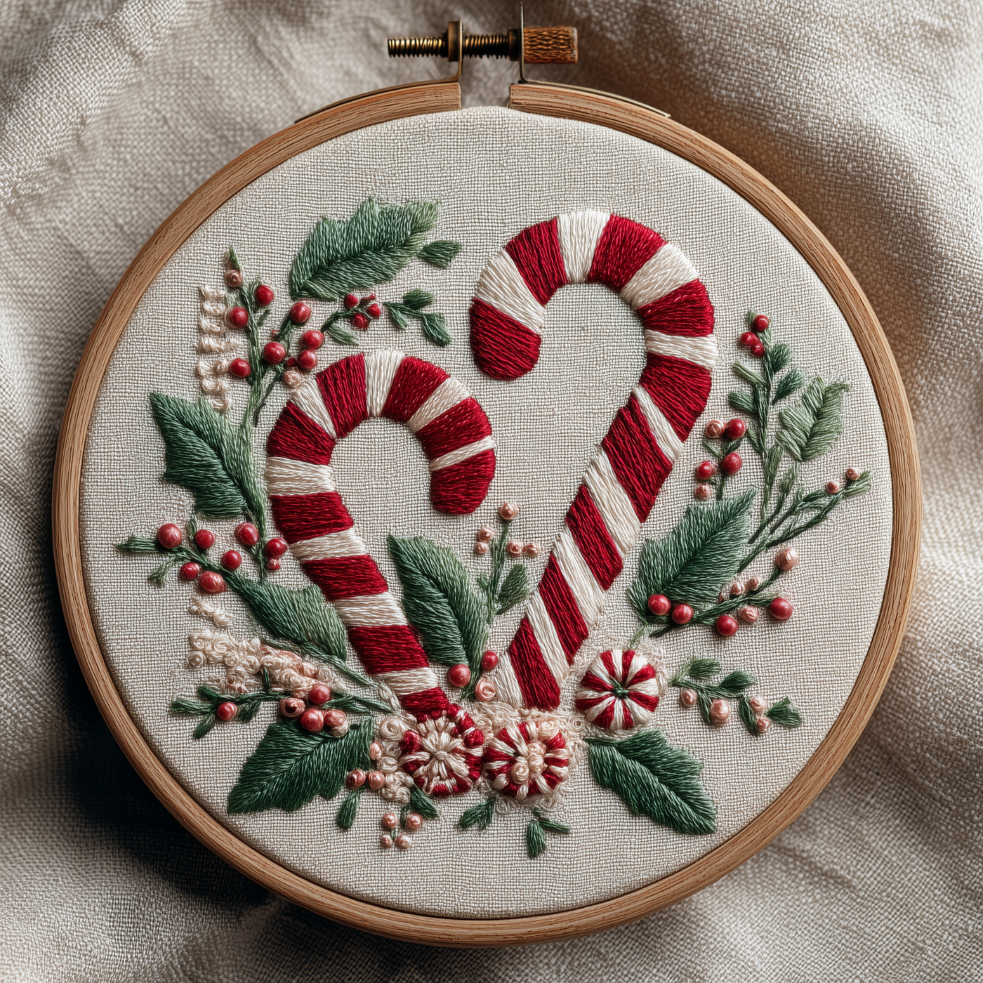 Two candy canes forming a heart among holly and winter foliage, finished hand embroidery hoop photographed in full