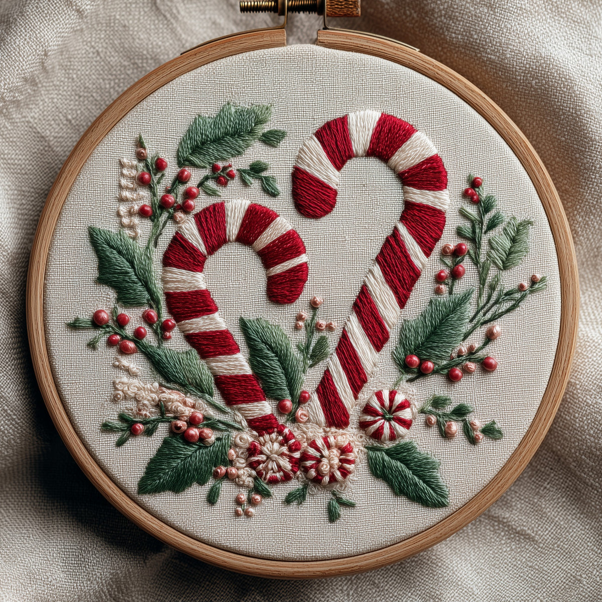 Two candy canes forming a heart among holly and winter foliage, hand embroidery design in a wooden hoop
