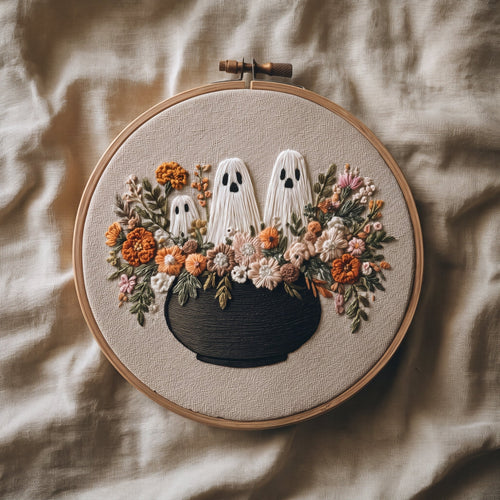 Three ghosts rising from a black cauldron of autumn flowers, finished hand embroidery hoop photographed in full