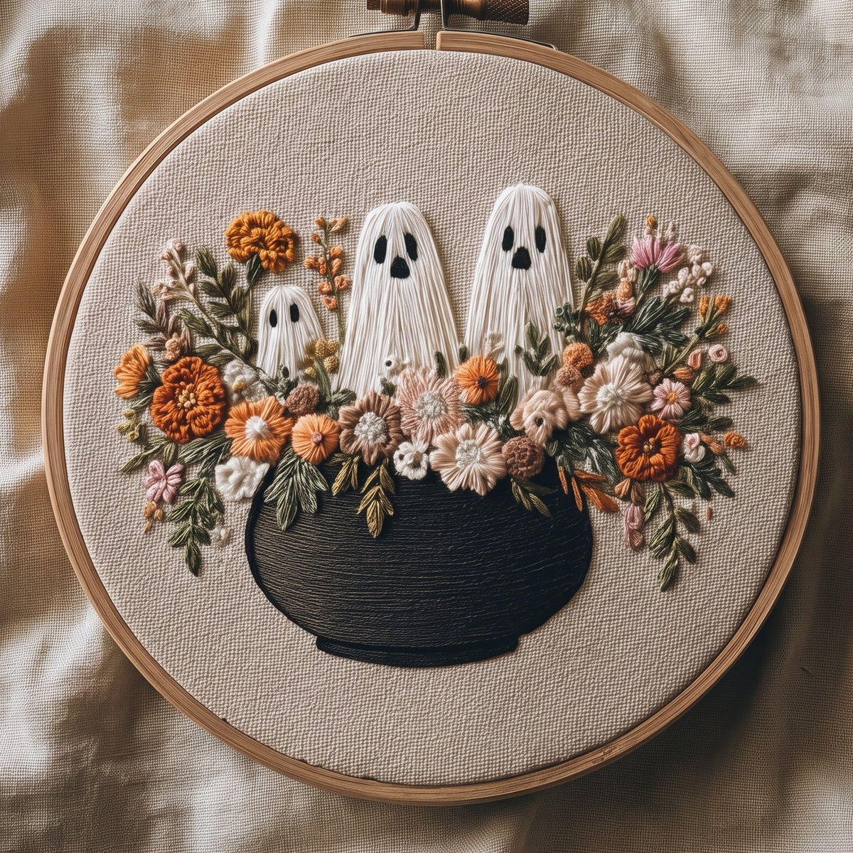 Three ghosts rising from a black cauldron of autumn flowers, hand embroidery design in a wooden hoop