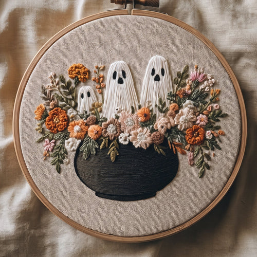 Three ghosts rising from a black cauldron of autumn flowers, hand embroidery design in a wooden hoop