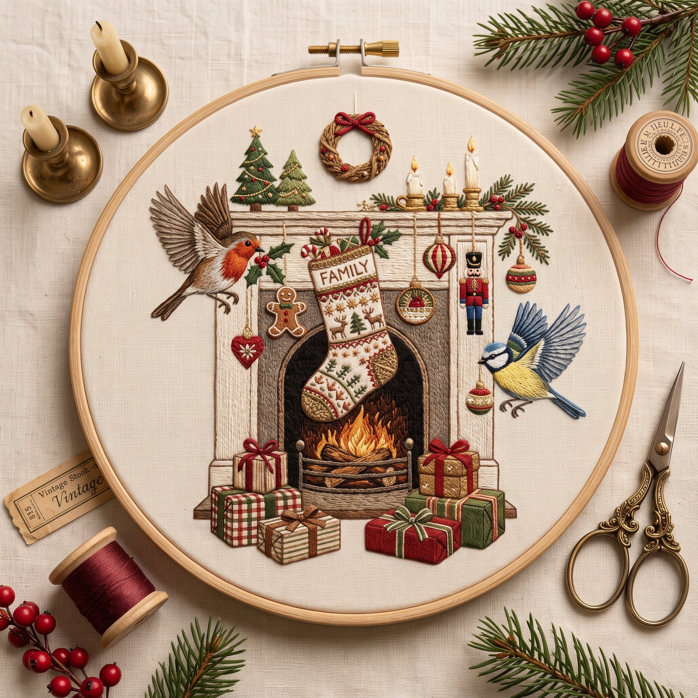 Christmas hearth with stockings, garlands, gifts and garden birds, finished hand embroidery hoop photographed in full