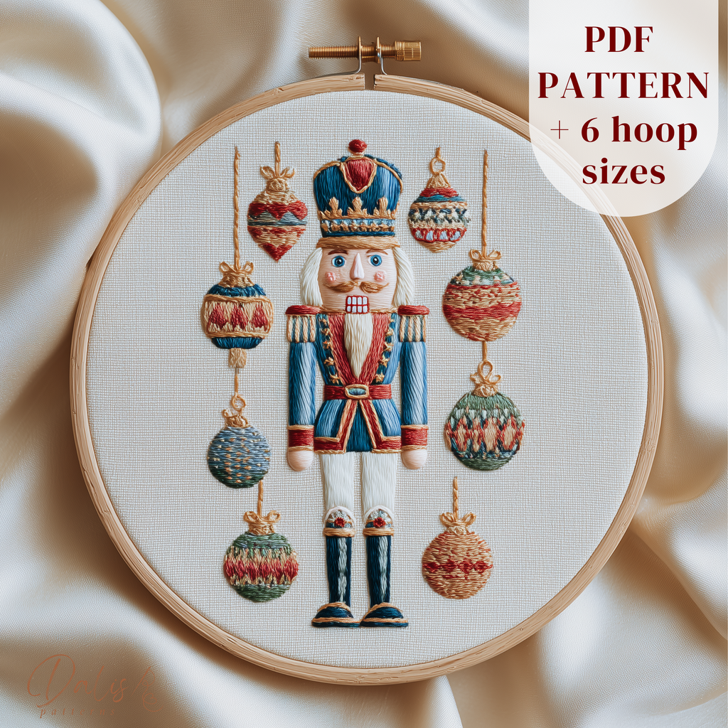 Completed Christmas nutcracker and baubles embroidery hoop art