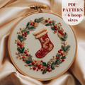 Completed Christmas stocking in a wreath embroidery hoop art