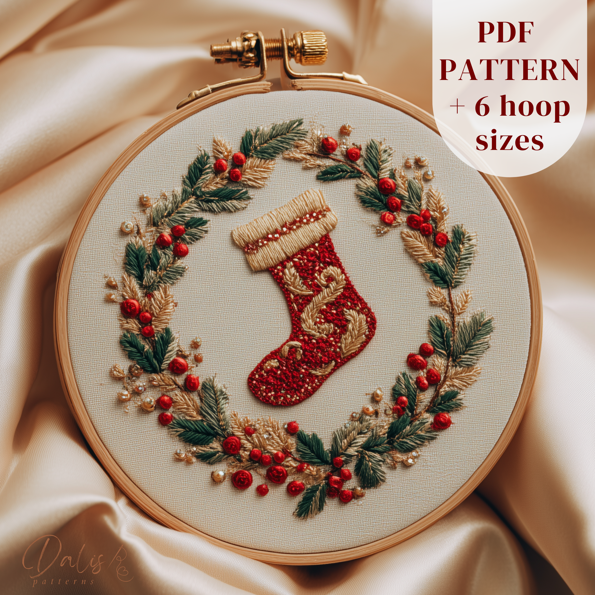 Completed Christmas stocking in a wreath embroidery hoop art