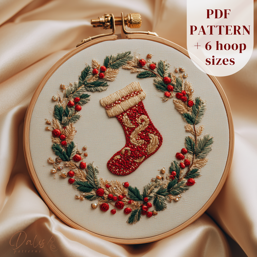 Completed Christmas stocking in a wreath embroidery hoop art