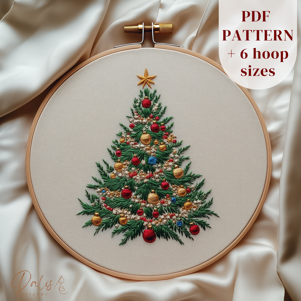 Completed Christmas Tree with ornaments embroidery hoop art