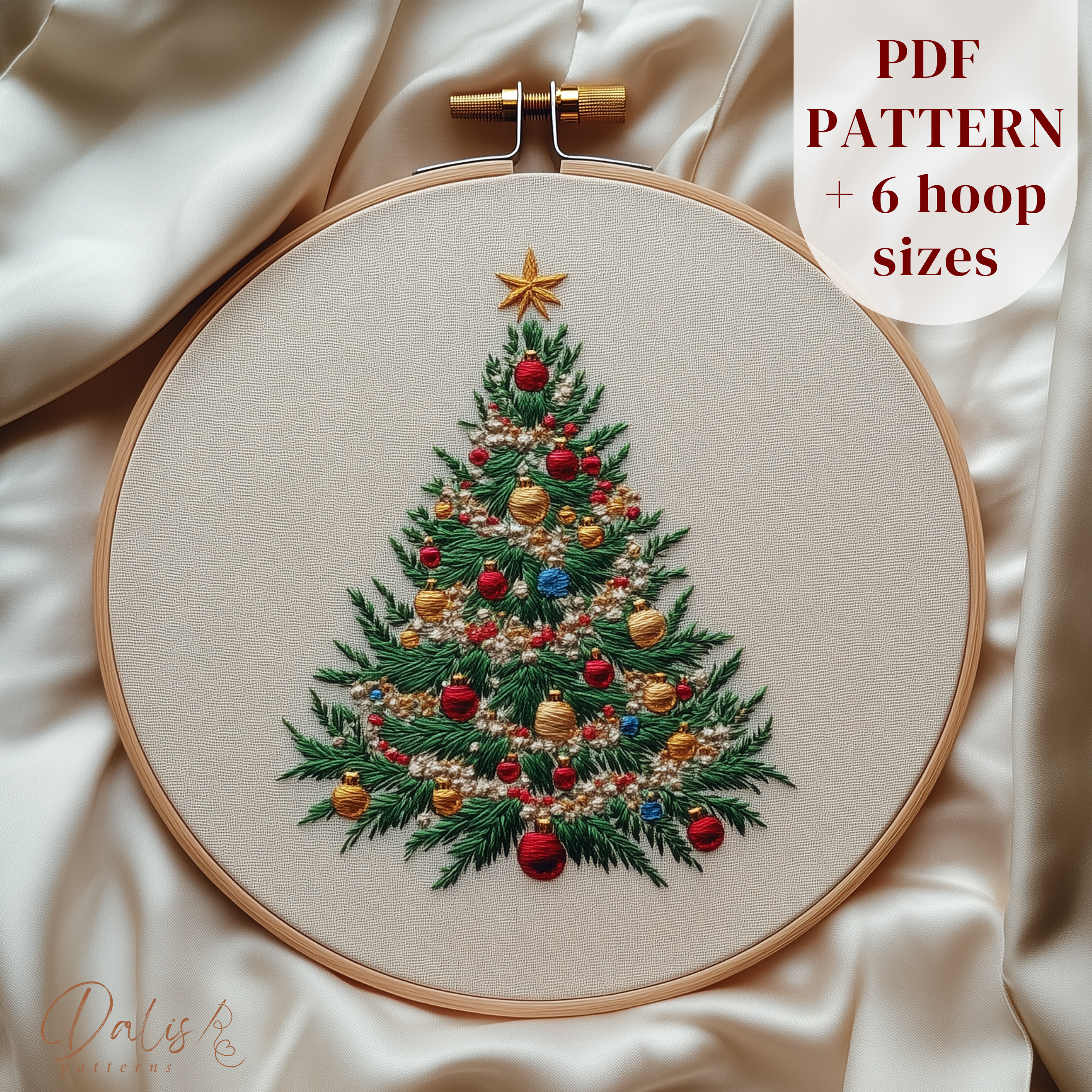 Completed Christmas Tree with ornaments embroidery hoop art