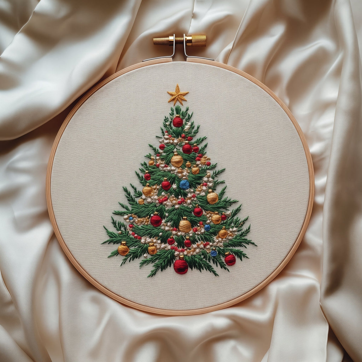 Christmas tree with a gold star and coloured baubles, finished hand embroidery hoop photographed in full