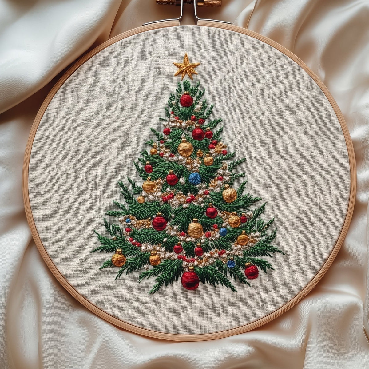 Christmas tree with a gold star and coloured baubles, hand embroidery design in a wooden hoop