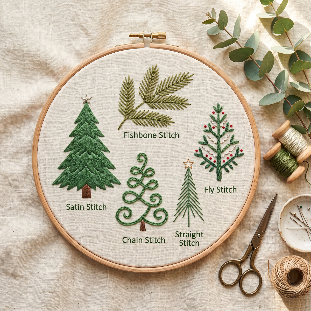Christmas tree stitch sampler hoop photographed in full with thread, twine, scissors and eucalyptus