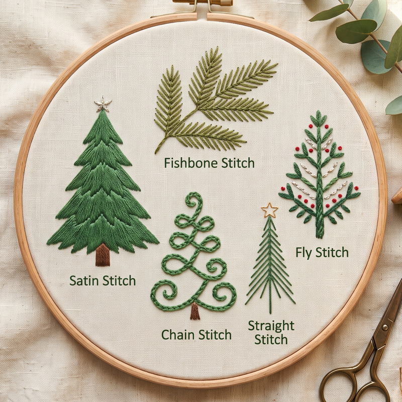 Christmas tree stitch sampler hoop with pine trees in satin, chain, straight and fly stitch and a fishbone stitch pine sprig