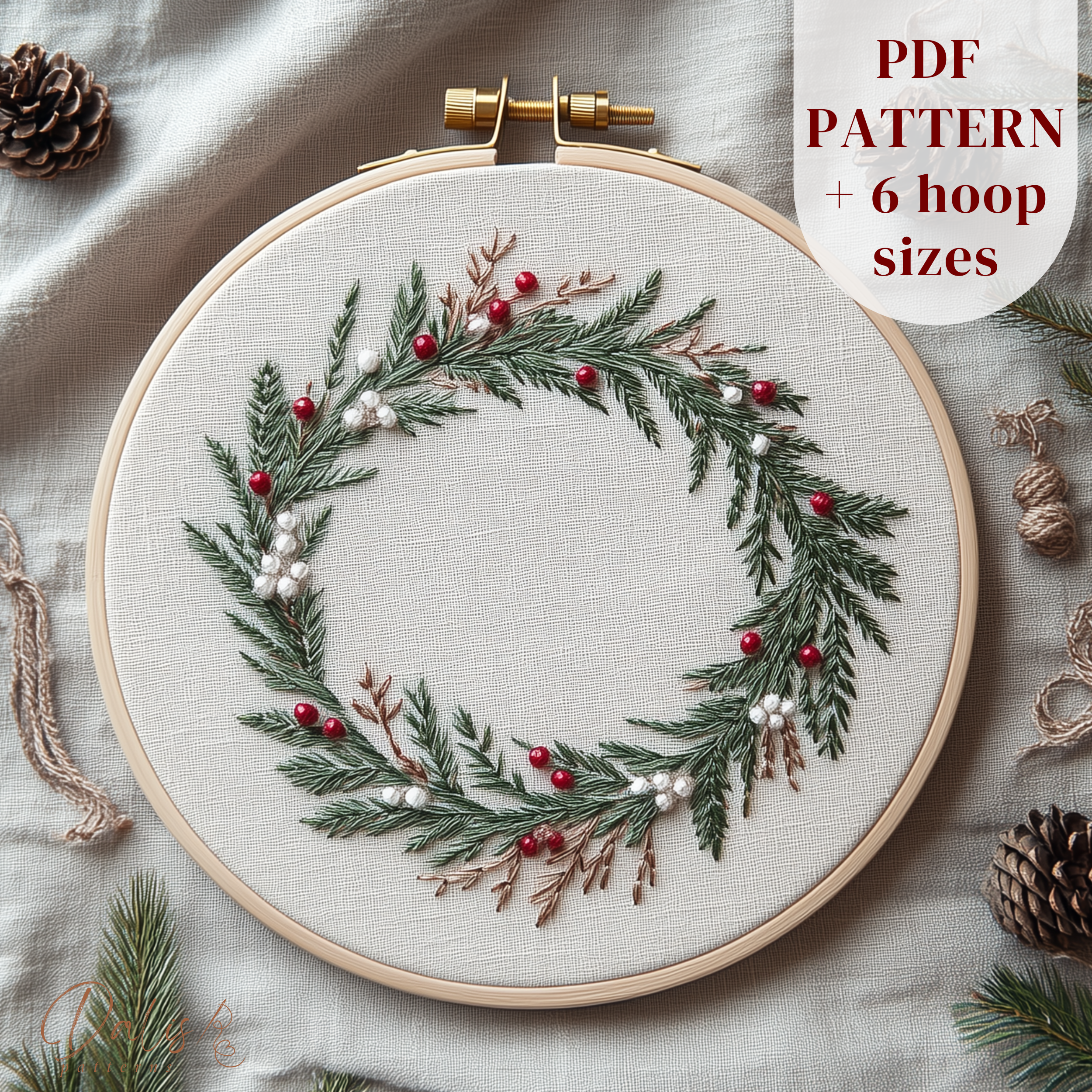 Completed Mistletoe Christmas Wreath embroidery hoop art