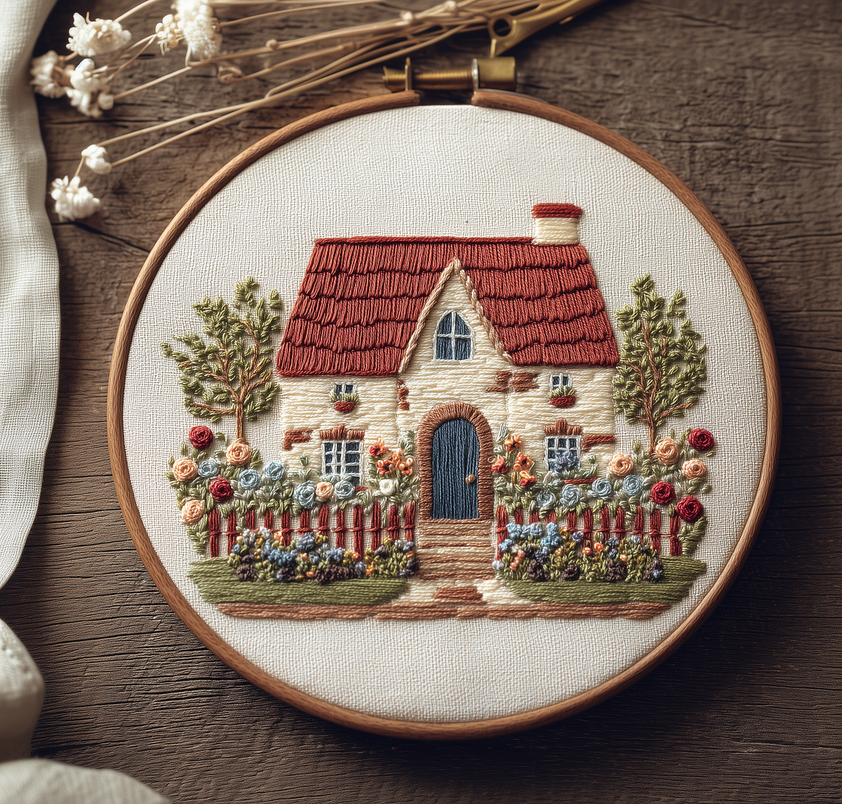 Red-roofed cottage behind a picket fence with roses and garden flowers in a wooden embroidery hoop, photographed in full on a wooden table with linen and dried flowers